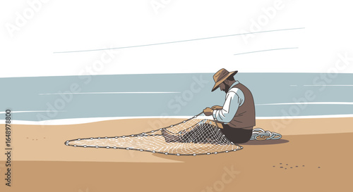 Fisherman Fixing Net On Sandy Shore Cartoon Illustration Beside The Calm Sea