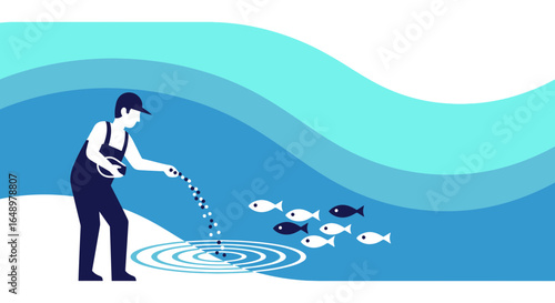 Fisherman Feeding Fish In Clean Water Illustration With Ripples Design