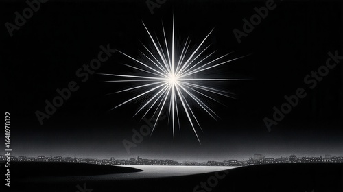 A striking star shines brightly over a silhouetted cityscape at night.