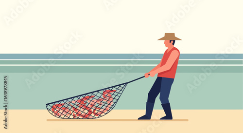 Fisherman Hauling A Full Net Of Catch On The Beach At Sunset Time