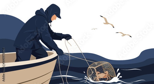 Fisherman Hauling Crab Pot From Sea With Seagulls Flying Above Near Boat