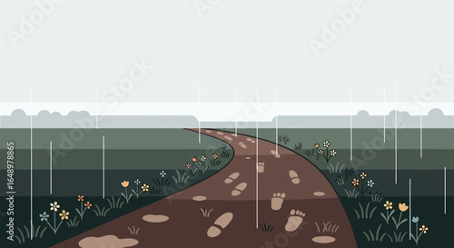 Footprints In Muddy Road With Flowers And Rain Showing A Fresh Beginning