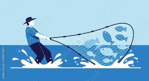 Fisherman Hauling in A Large Net Full Of Fish Amidst Splashing Water