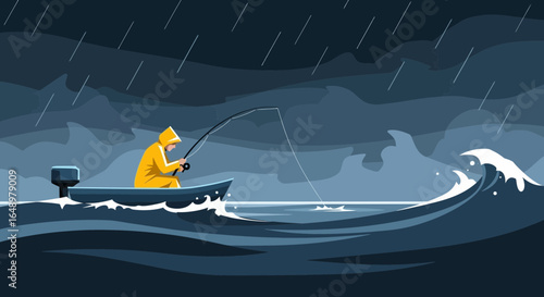 Fisherman In A Boat Catches Fish During A Heavy Rain And Big Waves