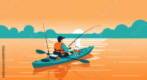 Fisherman In Kayak At Sunset Vector Illustration For Summer Adventure