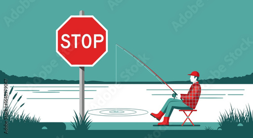 Forbidden Waters Man Fishing Near a Stop Sign Against Regulations Concept