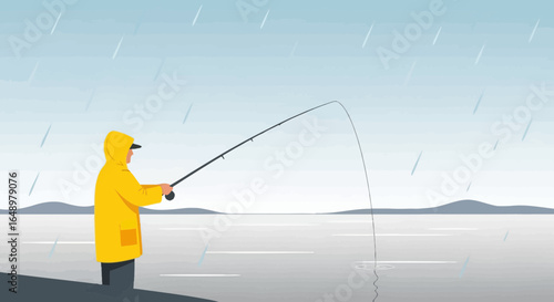 Fisherman In Yellow Coat Is Fishing Under Rain In Nature With Fishing Rod