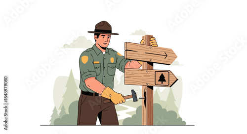 Forest Ranger Repairing Hiking Trail Directional Sign In The Great Outdoors