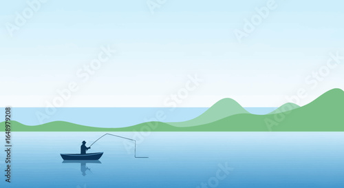 Fisherman On Boat At Peaceful Lake Under Clear Blue Sky Relaxation