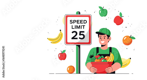 Fresh Fruit Delivery Man Following Safety Rules with a Happy Expression