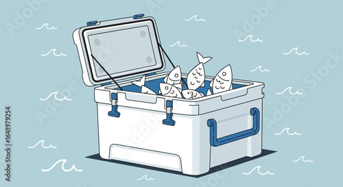 Fresh Catch In Cooler Box Ocean Backdrop Minimalist Style Illustration