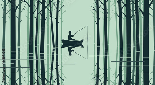 Fisherman On Lake Between Forest Trees Seeking Peace And Connection