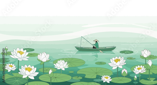 Fisherman On Serene Lake Surrounded By Water Lilies In Southeast Asia