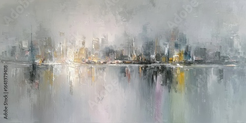 Abstract cityscape, a hazy urban scene painted in muted grays and golds, reflecting on a still body of water