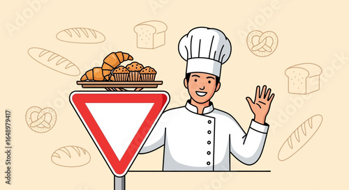 Friendly Baker Displaying Fresh Baked Goods Behind Yield Sign Illustration