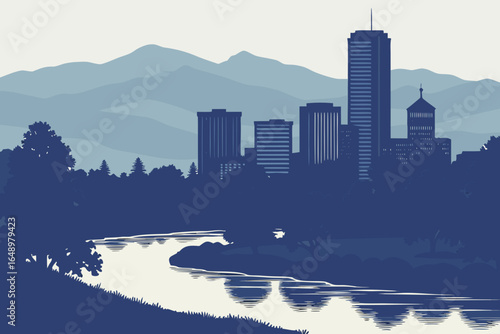 Denver skyline at twilight with the South Platte River still and reflective, framed by mountains and evening sky gradients, modern flat illustration style.