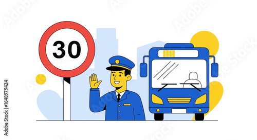 Friendly Bus Conductor Waving Near 30 Speed Limit City Transportation