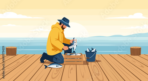 Fisherman Preparing Fresh Catch By The Sea On Wooden Pier At Sunrise