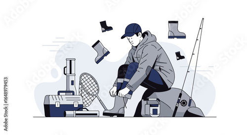 Fisherman Preparing Boots With Gear And Fishing Rod For An Aquatic Activity