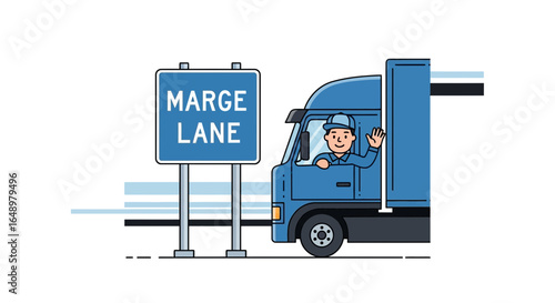 Friendly Driver Waving From Blue Truck Beside Marge Lane Road Sign