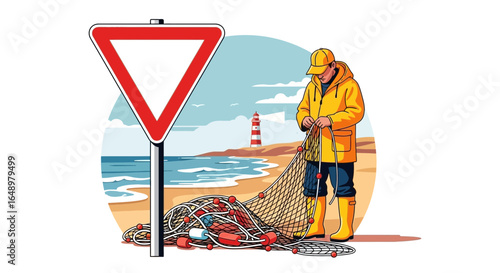 Fisherman Preparing His Net Near Yield Sign And Lighthouse In Coastal Scene