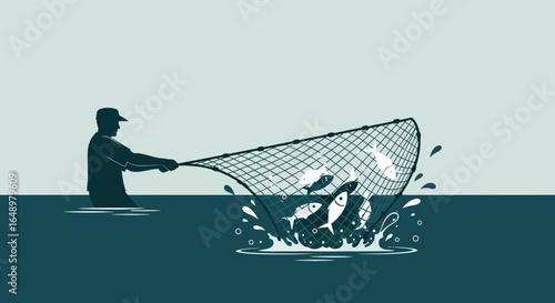 Fisherman Pulling Up a Net Full of Fish Illustration Catching a Good Harvest