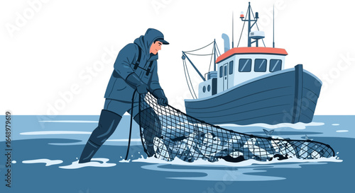 Fisherman Pulling Net Full Of Fish Near Boat In Blue Water Vector Illustration