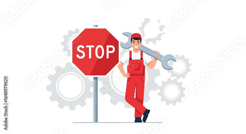 Friendly Mechanic Pausing Work near Stop Sign and Gears Illustration