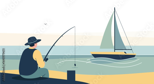 Fisherman Pursuing Hobbies By The Sea While Overlooking A Sailing Boat In Summer