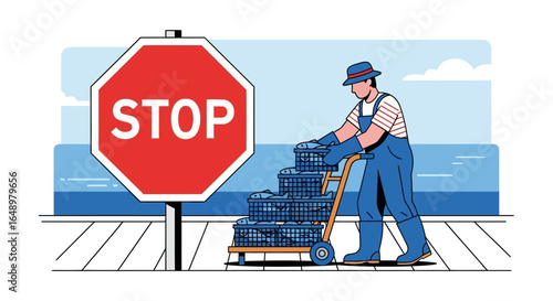 Fisherman Pushing Cart Full Of Fish Near Stop Sign By The Ocean Coast