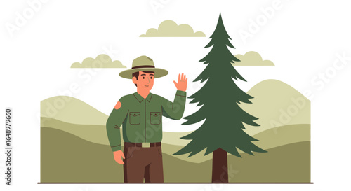 Friendly park ranger waving amidst serene mountain landscape and evergreen tree
