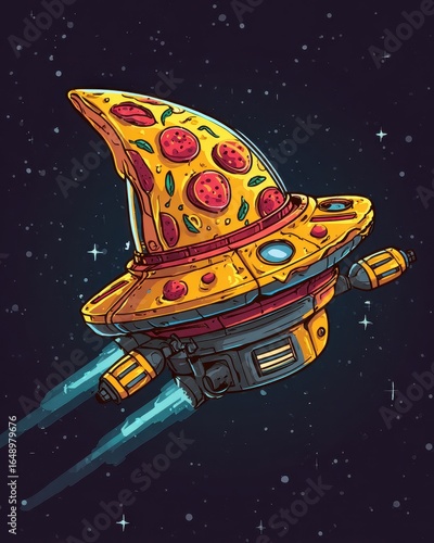 Pizza spaceship soaring through cosmos; fun, quirky illustration for t-shirt prints