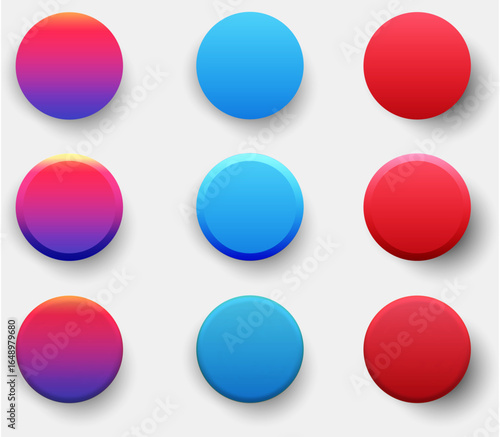 Set of colorful circular buttons with gradient and neumorphic styles. Includes variations in pink, blue, and red with soft shadows. Ideal for UI elements, web design, or mobile app interfaces.