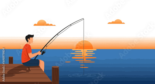 Fisherman Relaxing On Pier At Sunset Enjoying Hobby Vacation Journey