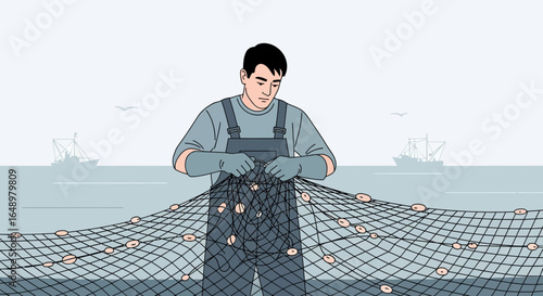 Fisherman Repairing His Fishing Net with Fishing Boats in the Background
