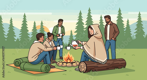 Friends Camping Together Enjoying Nature and Warm Drinks Around a Campfire