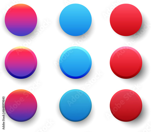 Set of colorful circular buttons with gradient and neumorphic styles. Includes variations in pink, blue, and red with soft shadows. Ideal for UI elements, web design, or mobile app interfaces.