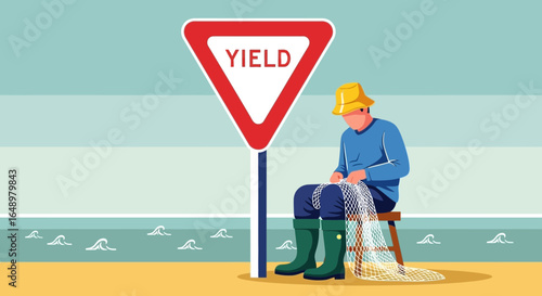 Fisherman Repairing His Net Next To Yield Sign On Coastal Scene Artwork