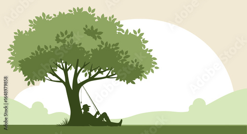 Fisherman Resting Under Tree Silhouette Illustration Peace and Relaxation