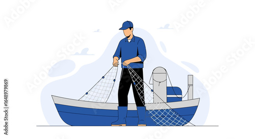 Fisherman Repairs His Net On A Small Boat During A Calm Day