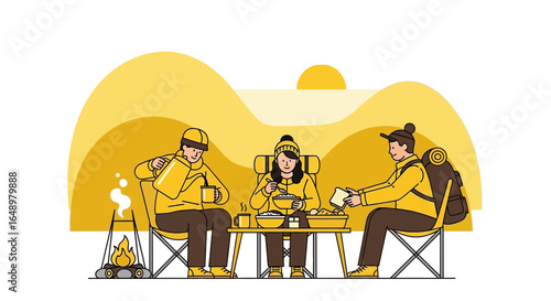 Friends Enjoying Cozy Campfire Meal Amidst Scenic Mountain Backdrop