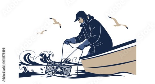 Fisherman Retrieving Crab Trap From The Sea With Seagulls Illustration