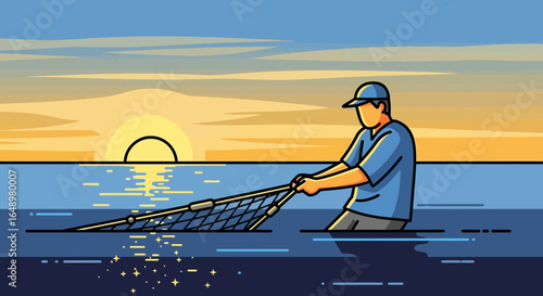 Fisherman Silhouette At Sunset Casting Fishing Net In Water Illustration