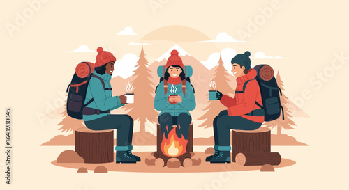 Friends In Nature Resting Around Campfire With Hot Drinks On Winter Expedition