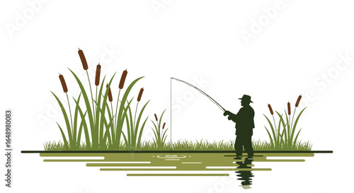 Fisherman Silhouette Casting A Line Surrounded By Cattails And Reflected In Water