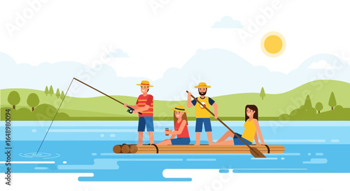 Friends Spend Summer Vacation Fishing And Relaxing On Raft At The Lake