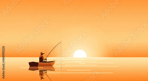 Fisherman Silhouette On Boat At Sunset In The Ocean Peacefulness Scene