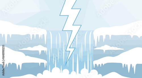 Frozen Waterfall And Lightning Bolt Illustration With Cold Winter Landscape