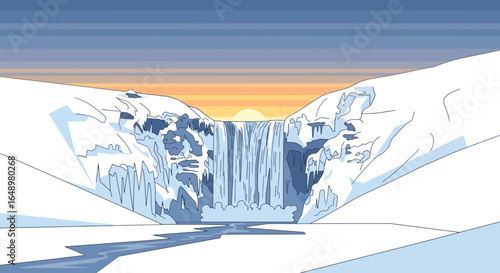 Frozen Waterfall Landscape With Snowy Mountains at Sunset Illustration