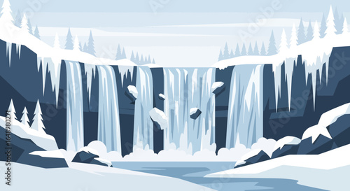 Frozen Waterfall Scenery with Winter Landscape in Flat Design Illustration